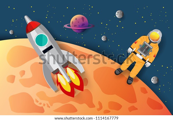 Astronaut , rocket\
paper art , vector\
design