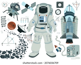 Astronaut, rocket, planet, space equipment, formulas. Collection of space symbols and objects. Vector illustration