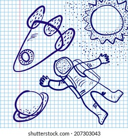 astronaut, rocket, planet and sun pen drawn in copybook