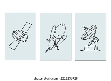 Astronaut rocket and satellite posters set of 3 . Continuous one line drawing. Vector illustration