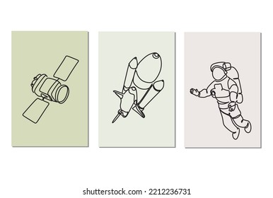Astronaut rocket and satellite posters set of 3 . Continuous one line drawing. Vector illustration