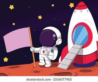 Astronaut and Rocket Ship in Outer Space Vector Illustration