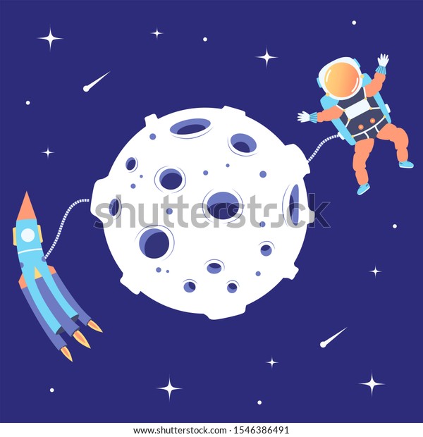 Astronaut and rocket soar in space near the moon.\
Landing on a satellite. Lunar mission. Space excursion. Star space.\
Vector