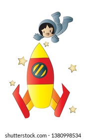 Astronaut and the rocket in space. The rocket and an astronaut. Cartoon astronaut in space. Astronaut in a spacesuit.