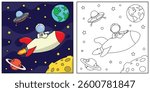 Astronaut And Rocket in Space Coloring Book with Modern Illustration. Ideal for Kids Coloring Page