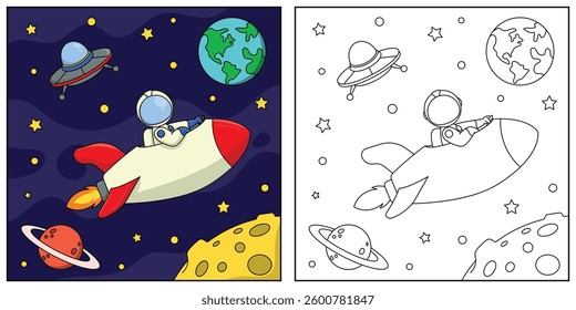 Astronaut And Rocket in Space Coloring Book with Modern Illustration. Ideal for Kids Coloring Page