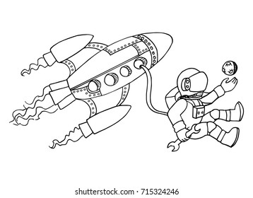 Astronaut and rocket in space. Hand drawn Sketch vector illustration. Doodle scientific background.