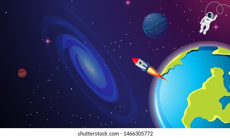 Astronauta y cohete en la ilustración espacial