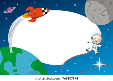 Astronaut und Rakete im All. Bilderrahmen für Kinder.