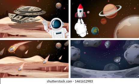 Astronaut and rocket space scenes illustration