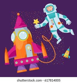 An astronaut and a rocket in space. Spaceman. Vector illustration