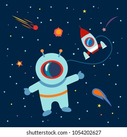 an astronaut and a rocket in space with stars and meteorites. vector illustration isolated illustration