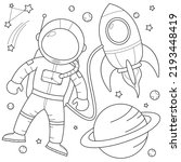 Astronaut with rocket in space suitable for children's coloring page vector illustration
