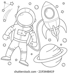 Astronaut with rocket in space suitable for children's coloring page vector illustration