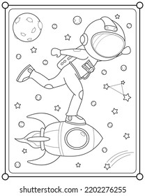 Astronaut with rocket in space suitable for children's coloring page vector illustration