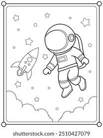 Astronauta con cohete en el espacio adecuado para la Ilustración vectorial de dibujos para colorear de los niños