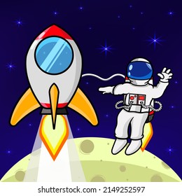 Astronaut and rocket in space waving hand. Science technology icon concept Free Vector.
