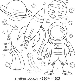 Astronaut with rocket in spaceship coloring page for children and adults. Hand drawing vector illustration in black outline on a white background.