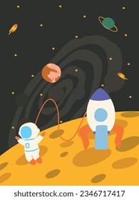 astronaut and rocket stand on the moon