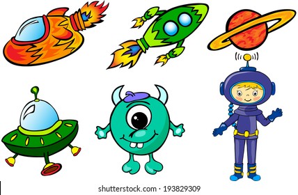 Astronaut, rockets, alien and planet. Vector illustration