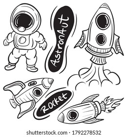 Astronaut and Rockets vector illustration. New and trendy linear doodle concept with hand drawn style