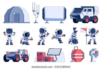 Astronaut and rover collection. Cartoon space exploration machines, shuttle spaceship and mars rover, weightlessness and universe colonization. Vector set. Galaxy discover equipment