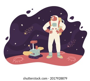 Astronaut with rover on the mars. Universe explore, stars traveling, cosmos. Vector illustration in flat style. Space technology, scanner, caterpillar machine, asteroid, comet, meteorite, crater.