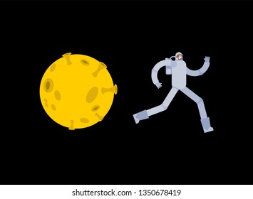 Astronaut run away from moon. Spaceman escapes from Selene. cosmonaut run off yellow planet
