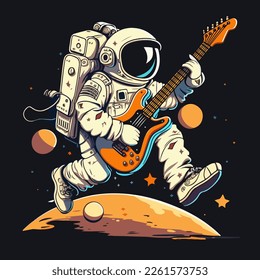 Astronaut run with guitar vector t-shirt design