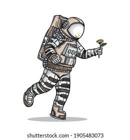 
astronaut running, carrying yellow flowers, white background