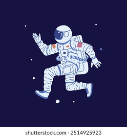 Astronauta corriendo en la ilustración plana del Vector espacial. Cosmonauta volador en traje espacial. Personaje interestelar de dibujos animados flotando con estrellas en la galaxia. Vuelo espacial del Explore humano, tecnología cósmica