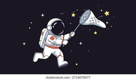 Astronauta corriendo en el espacio mientras trata de atrapar estrellas amarillas brillantes con una red de mariposa contra un fondo estrellado azul oscuro.