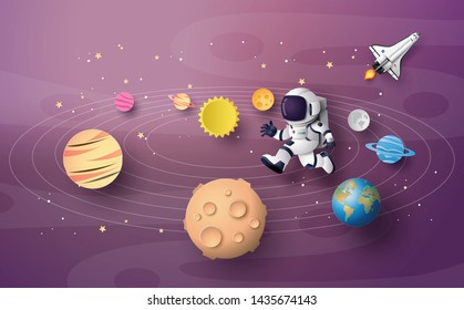 Astronaut Astronaut running in the stratosphere . Paper art and craft style.