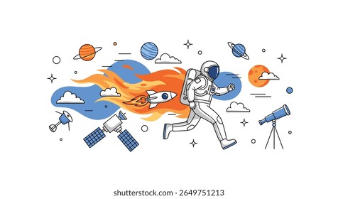 Astronaut running through space with a jetpack and planets in the background