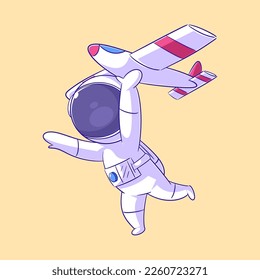 Astronaut running while playing toy airplane