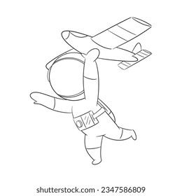 Astronaut running while playing toy airplane for coloring