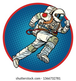 astronaut runs forward round emblem. Pop art retro vector illustration vintage kitsch