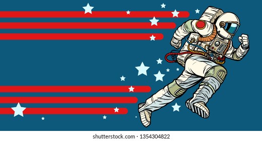 astronaut runs forward. stars of the universe. Pop art retro vector illustration vintage kitsch