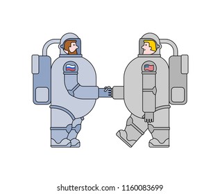 Astronaut russian and spaceman USA. Cosmonaut Handshake. America and russia friendship. Vector illustration
