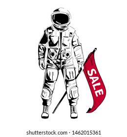 Astronaut with sailing flag . Creative space style advertising. Big sale trendy banner. Vector illustration.