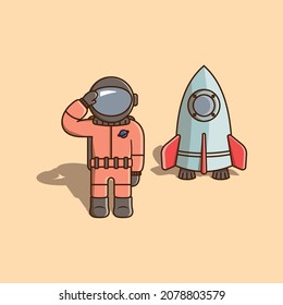 Astronaut salute landing on the moon cartoon vector illustration