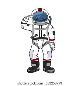 Astronaut salutes  isolated   on white background. Spacesuit color illustration. Spaceman equipment  vector illustration in sketch, doodle hand drawn style. Hand up  space pilot