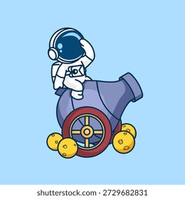 Astronaut Saluting While Riding a Cannon with Moon-Shaped Cannonball, Creative Space Vector Illustration