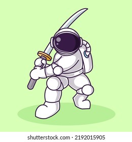 Astronaut samurai Cartoon Illustration Vector file. Isolated Premium Vector icon, every object is on separated layer. Flat Cartoon Style