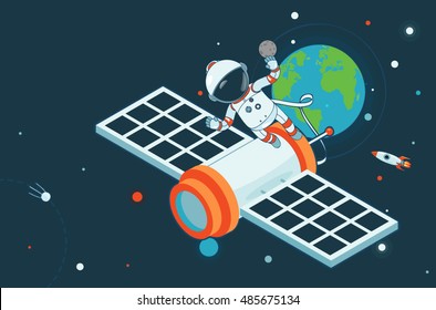 Astronaut and satellite flying in zero gravity. Cartoon space set.