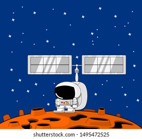 Astronaut with satellite on back stand on orange brown planet  full of craters. 
