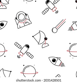 Astronaut, Satellite, planet, Comet, Radar and Spaceship seamless pattern