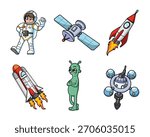 Astronaut, satellite, rocket, shuttle, alien, and space station in playful cartoon style. Cute kids illustration