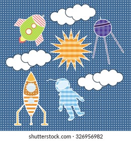 astronaut, satellite, rocket in space vector