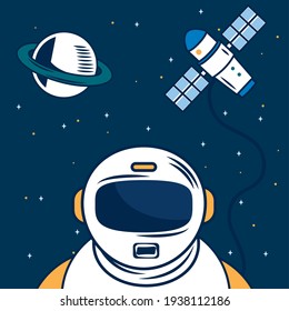 astronaut with satellite and saturn